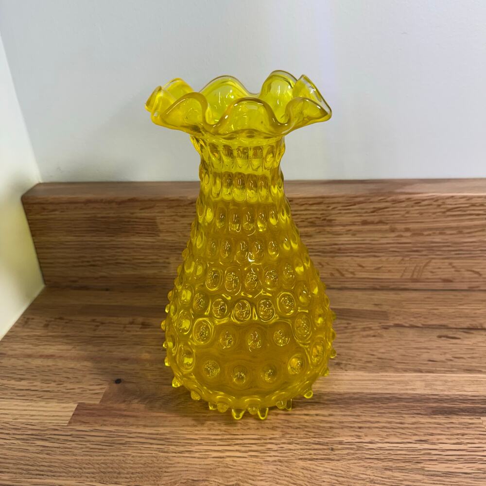 Vintage Amber Yellow Hobnail Art Glass Vase Ruffled Crimped Rim 8.5" Tall